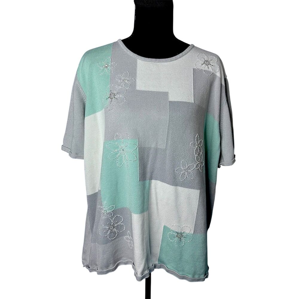 Alfred Dunner Womens Patchwork Short Sleeve Sweater 2X Beaded Sequin Floral Glam